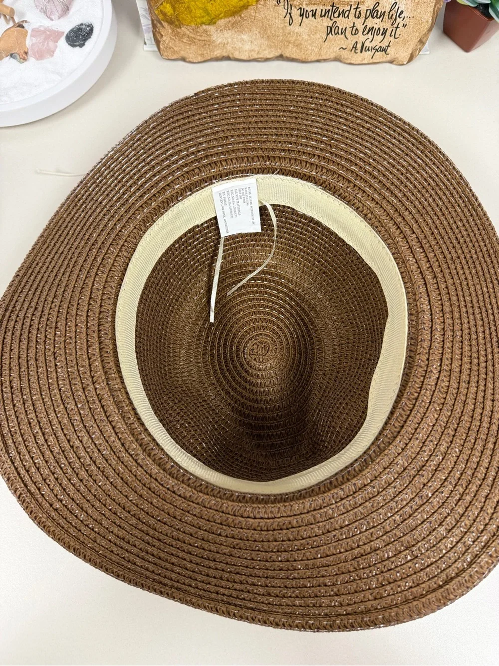 ROYAL Brown Beaded Silver Tone Chain Triple Cord Tie Coastal Boho Straw Sun Hat